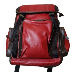 Coach All Leather Red/Brown Drawstring Buckle Flap Full Size Backpack